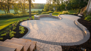 A photo of a custom paver patio with a curved design.
