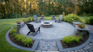 a custom paver patio with a fire pit. 